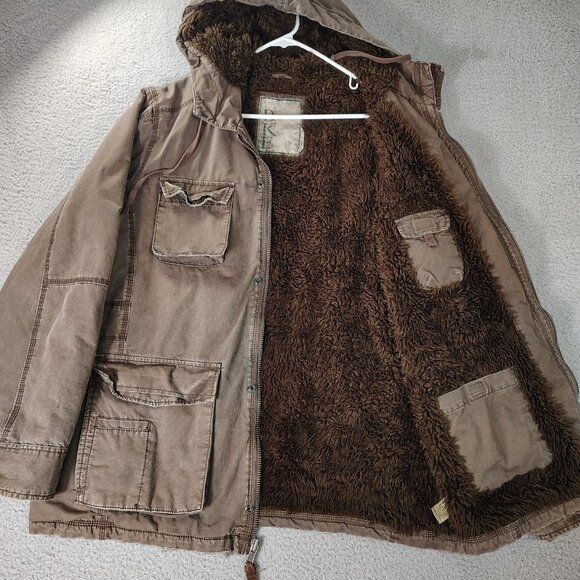 BKE Buckle Jacket Coat Mens Large Brown Sherpa Lined Hooded Cargo Pockets - Picture 1 of 10